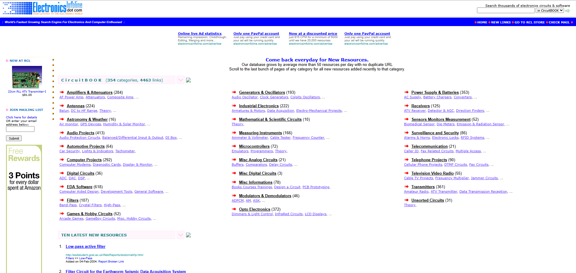 The CircuitBook directory in early 2004, showing 354 categories and 4,463 links across amplifiers, antennas, audio projects, EDA software, filters and more