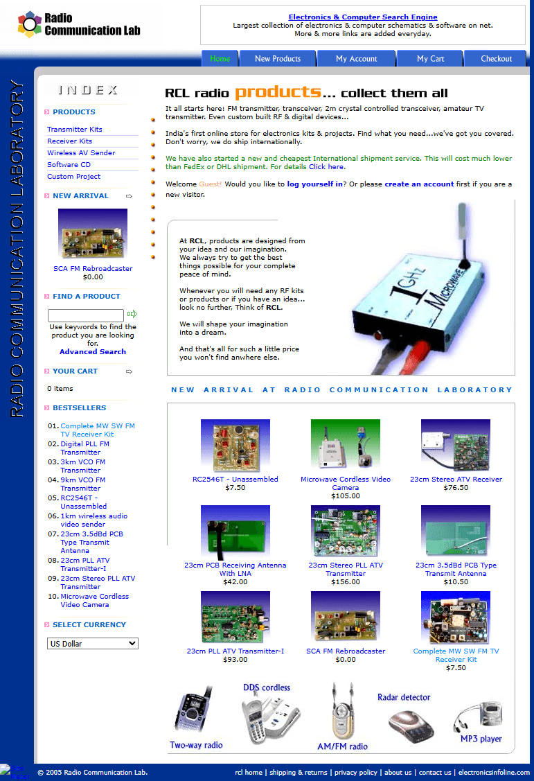 The RCL online store in 2005, listing FM transmitter kits, a microwave cordless video camera, ATV receivers and PCB antennas with prices