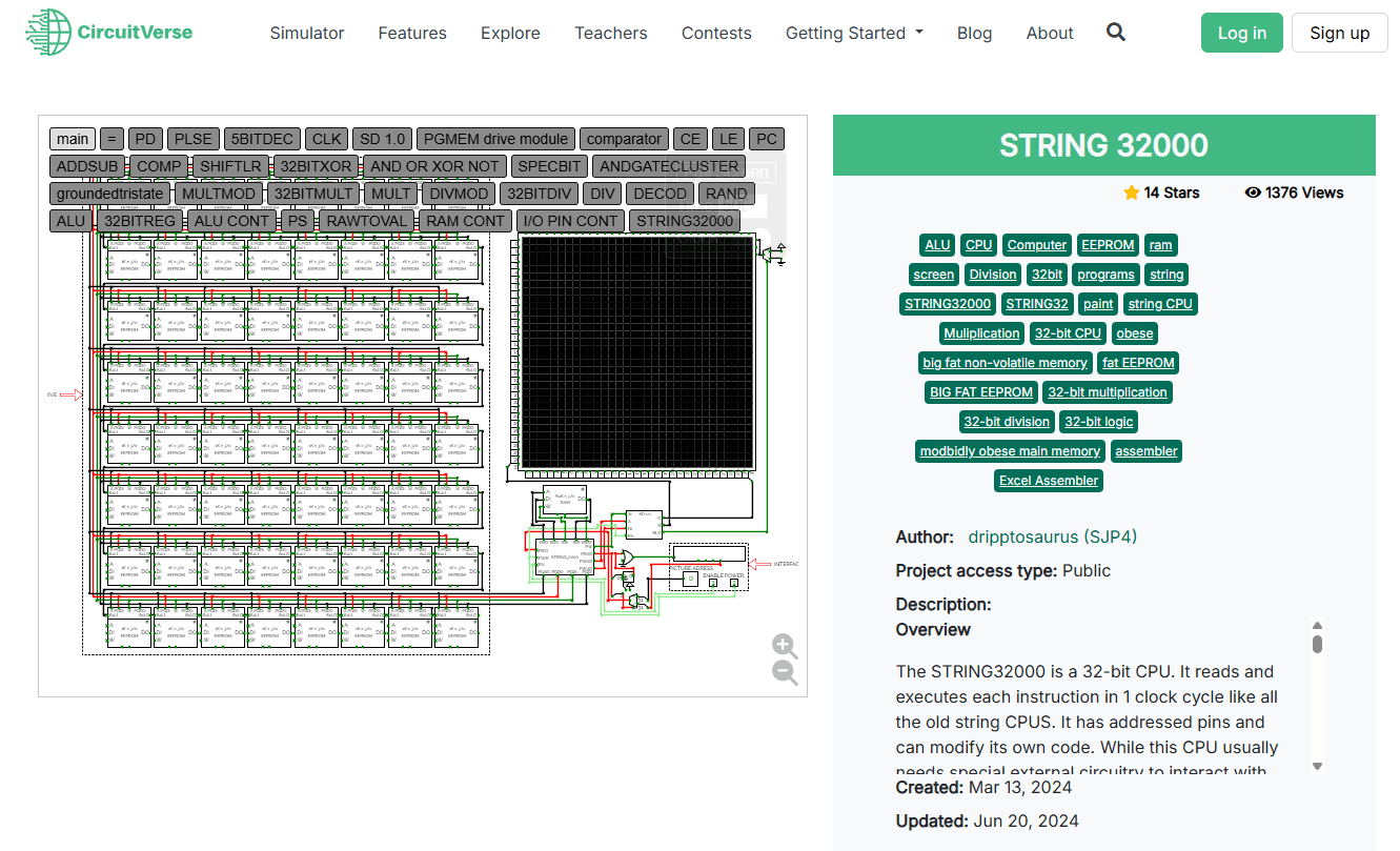The STRING 32000 project on CircuitVerse: a 32-bit CPU built from subcircuits named ALU, COMP, SHIFTLR and RAM CONT, beside a dot-matrix display