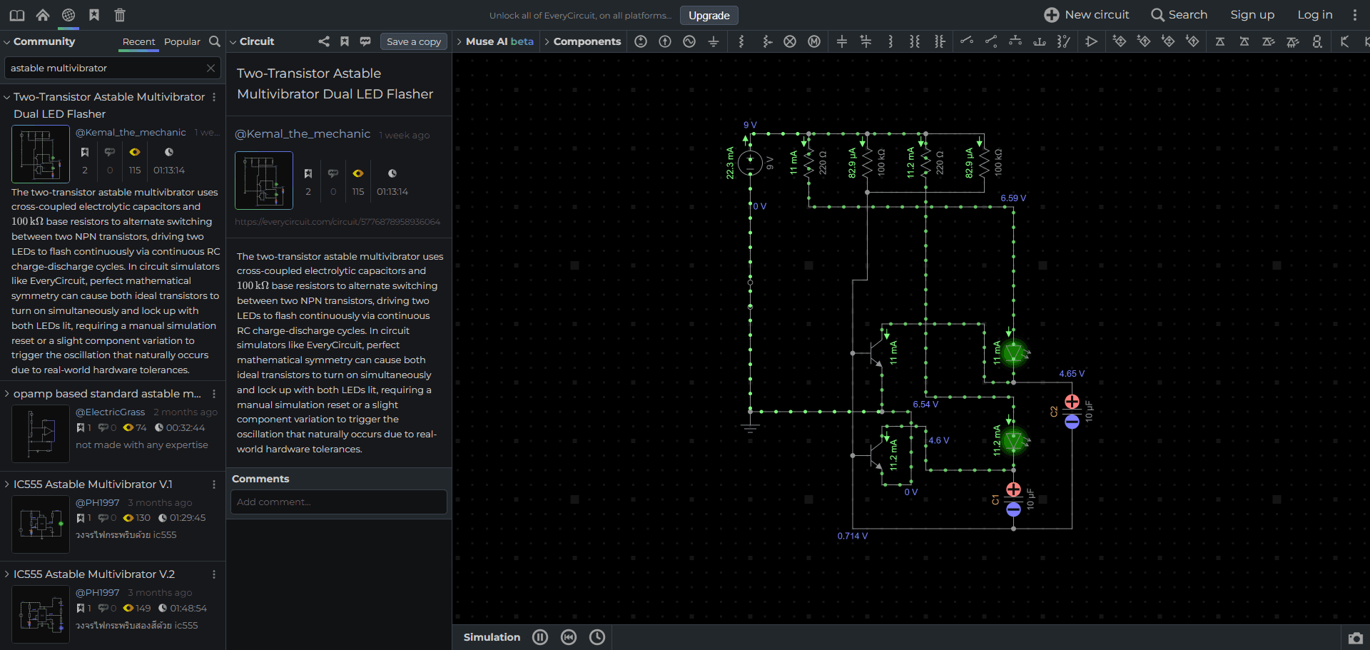A two-transistor astable multivibrator in EveryCircuit with both LEDs lit, animated current paths, and live labels reading 11 mA branch currents and 6.59 V at the collector node