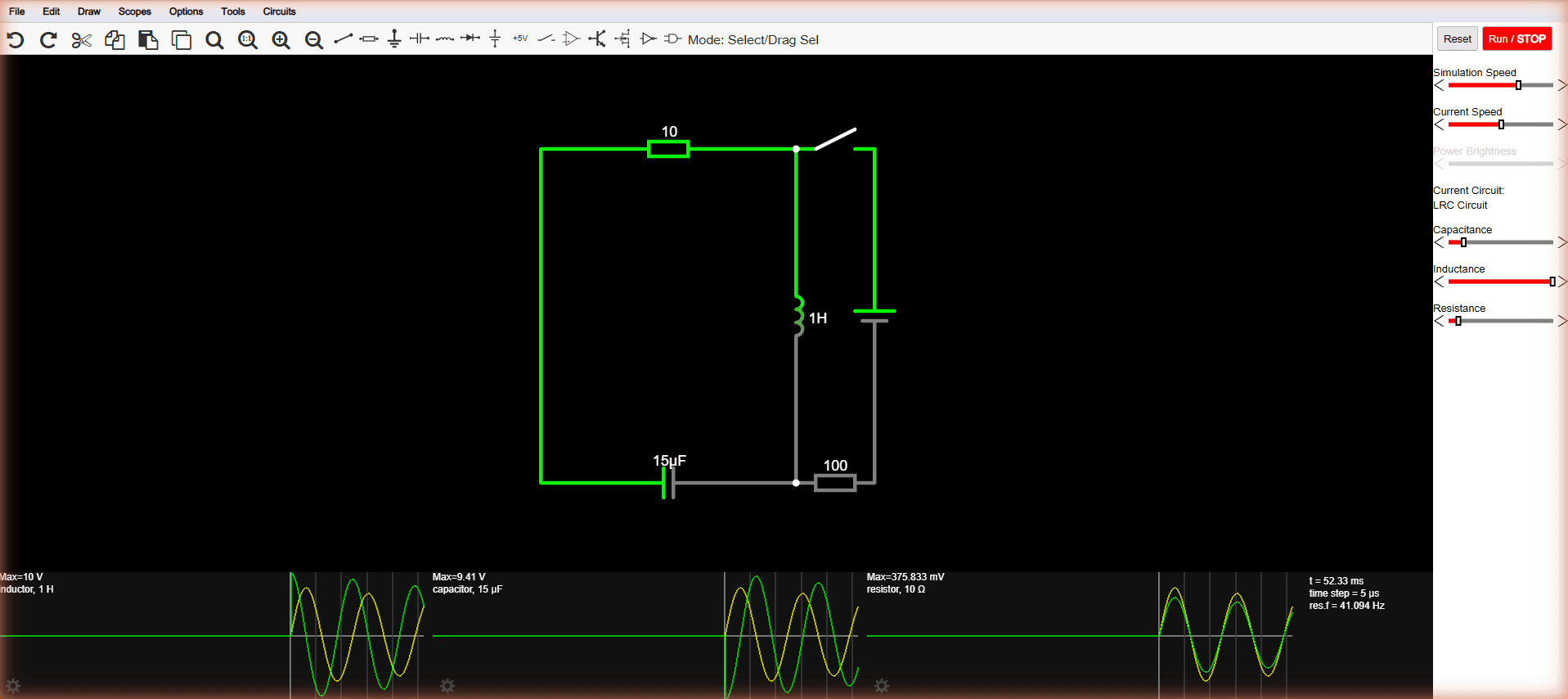 An LRC circuit ringing at 41 Hz in Falstad CircuitJS1, with animated current dots on the schematic and three scope traces showing damped sine waves