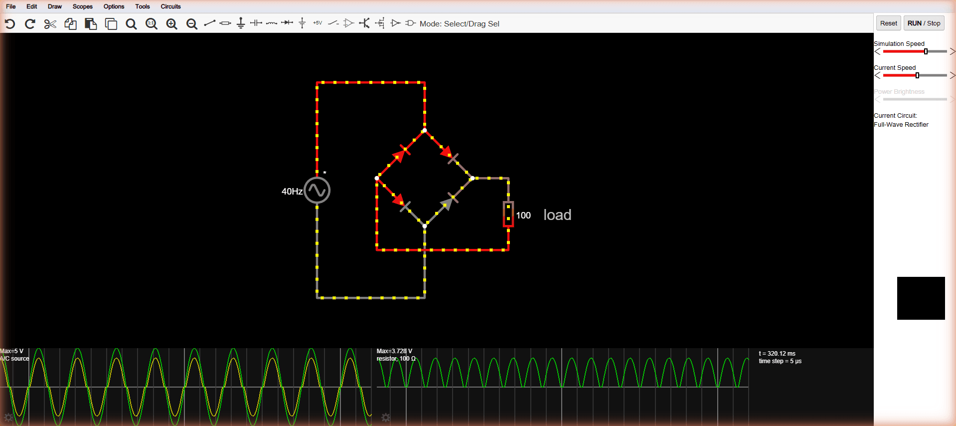 A full-wave rectifier running in the Falstad simulator with animated current and scope traces