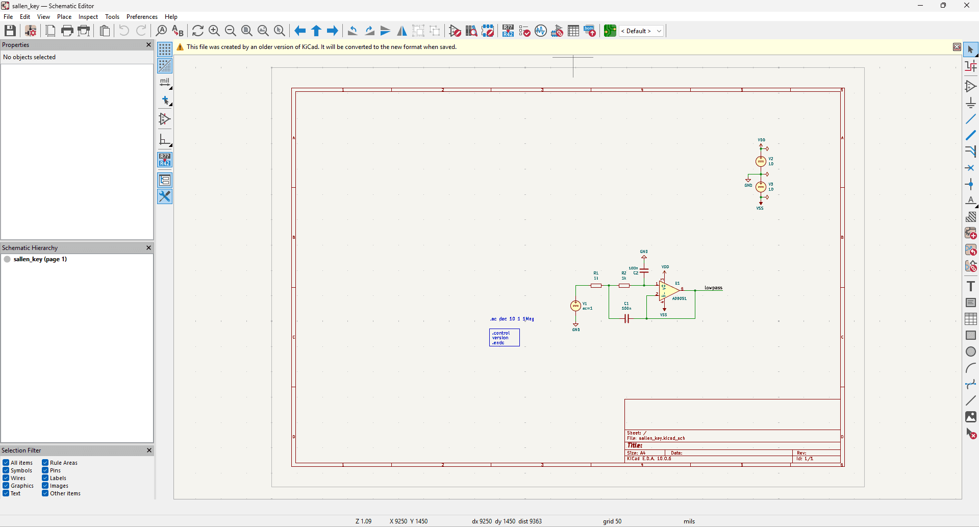 KiCad's schematic editor showing the bundled Sallen-Key low-pass filter demo with an AD8051 op-amp and an .ac dec 10 1 1Meg simulation directive on the sheet