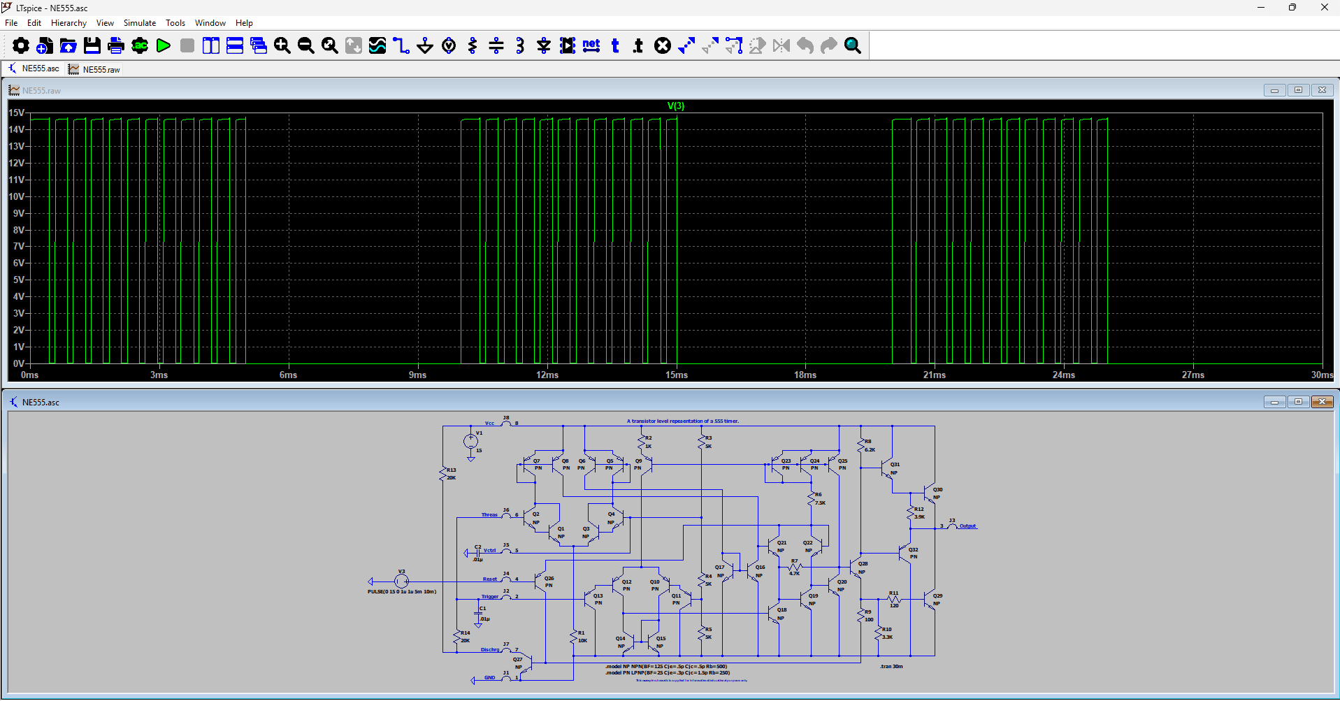 LTspice simulating a transistor-level NE555 timer: the output pin's 15 V square-wave bursts plotted over 30 ms above the full internal schematic