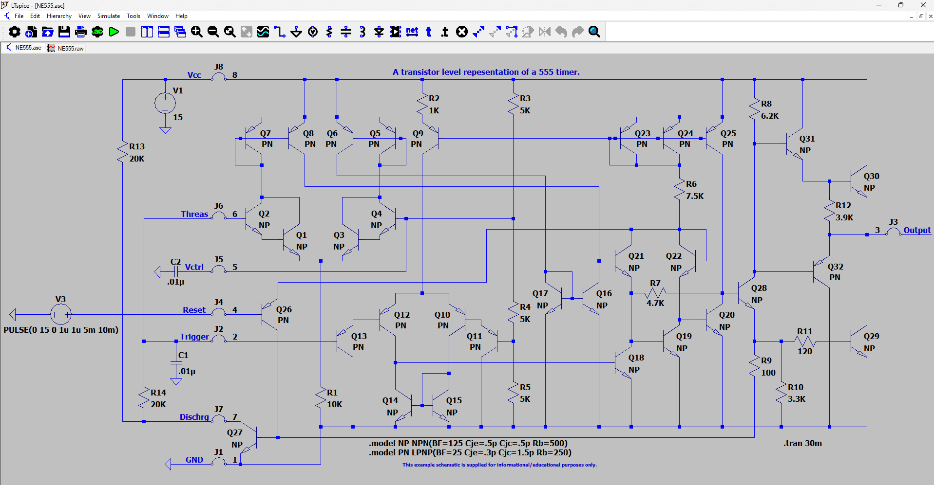 The transistor-level NE555 schematic in LTspice: 32 transistors, the comparator stages, the resistor divider and the .tran 30m simulation directive
