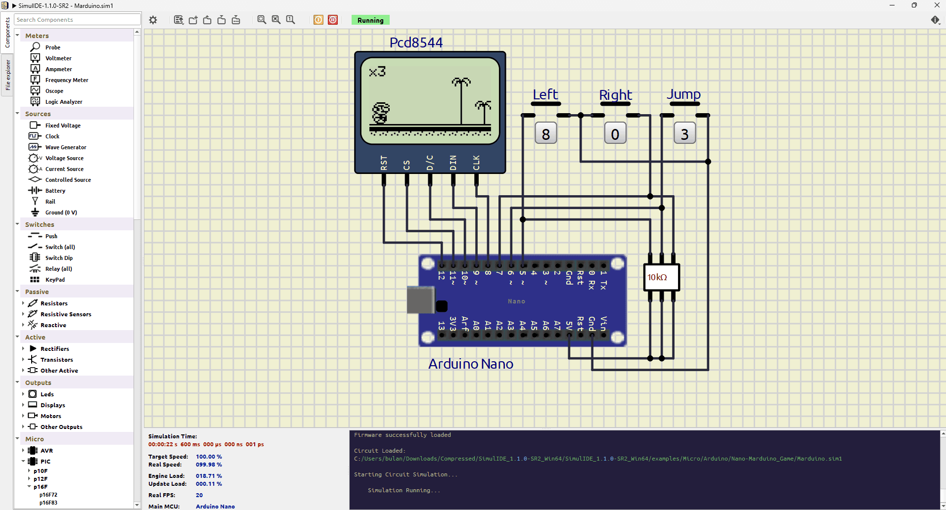 SimulIDE running its Marduino example: an Arduino Nano driving a Nokia PCD8544 LCD showing a platformer game, with Left, Right and Jump buttons wired to the board