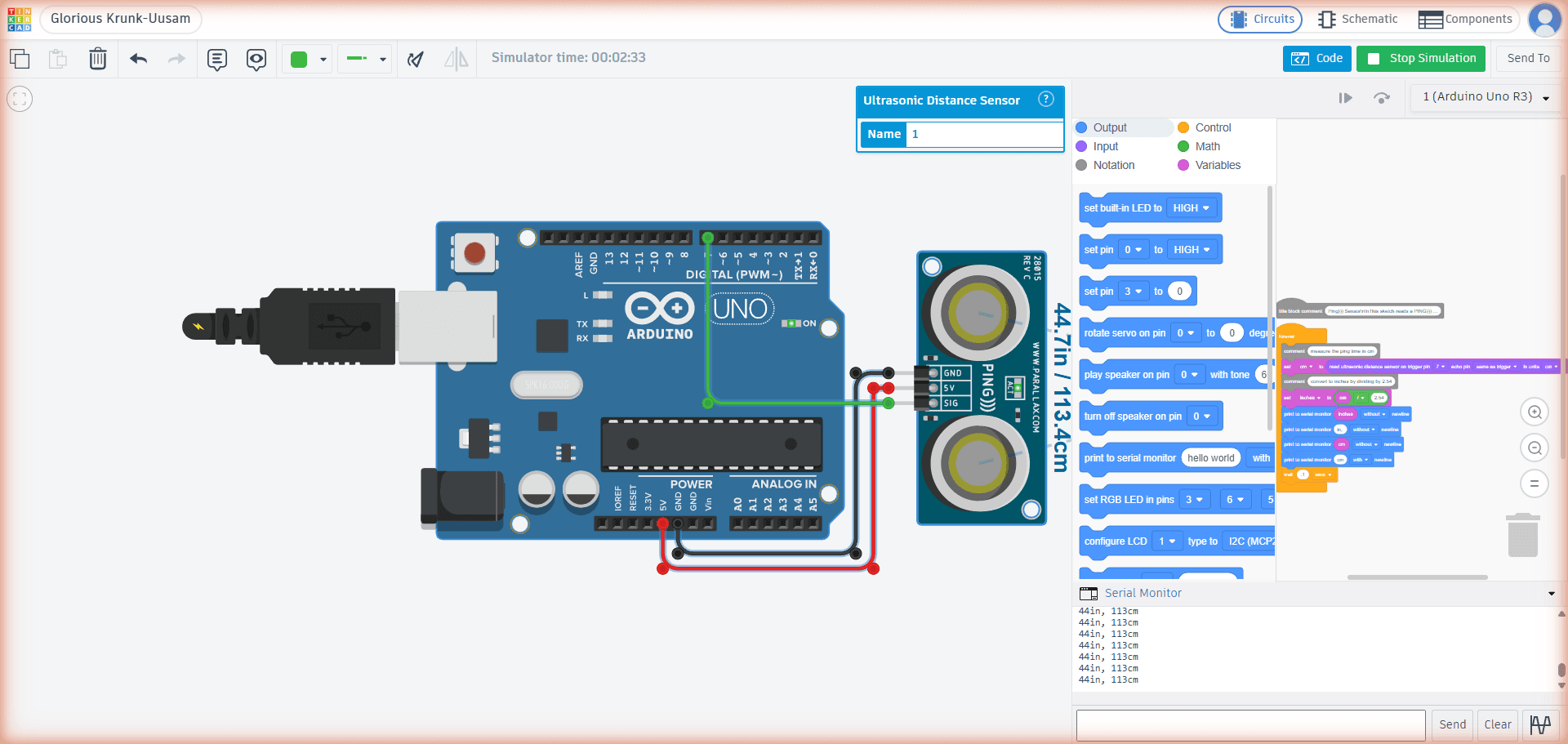 The same Tinkercad circuit with the block-code editor open and the Serial Monitor streaming distance readings of 44 inches, 113 centimeters
