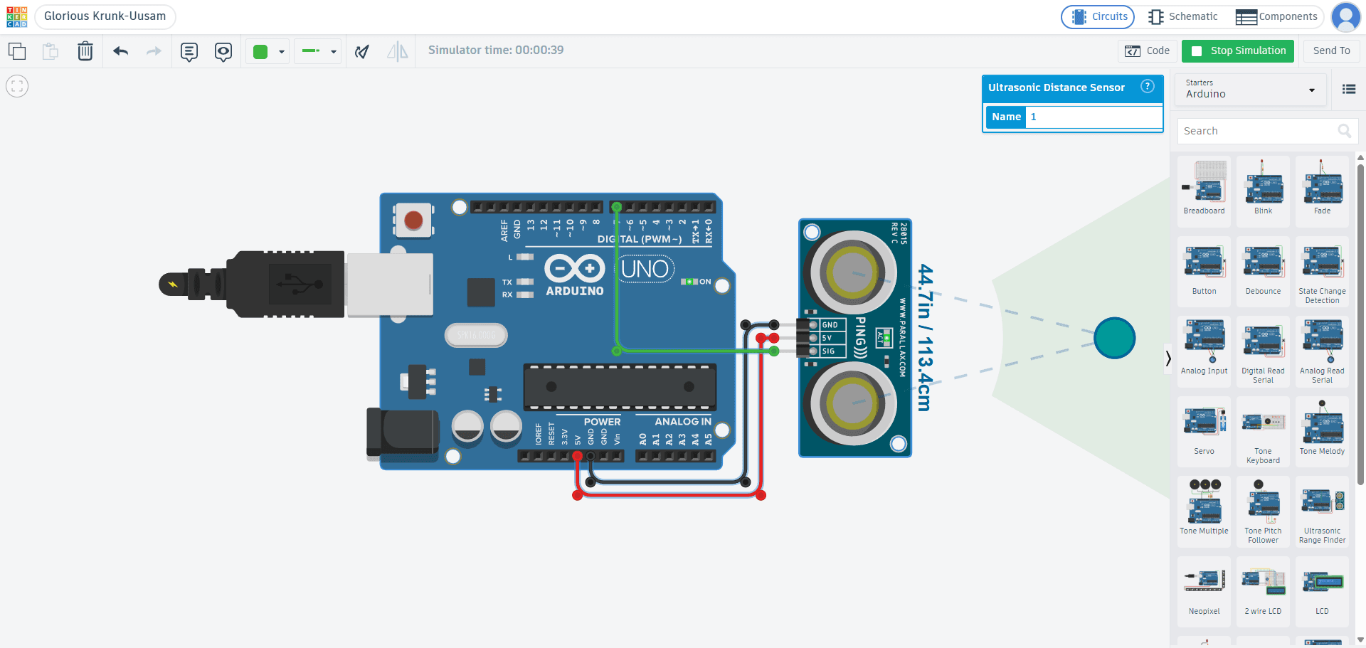 Tinkercad Circuits simulating an Arduino Uno with a PING ultrasonic sensor, whose interactive range cone shows a draggable target at 44.7 inches