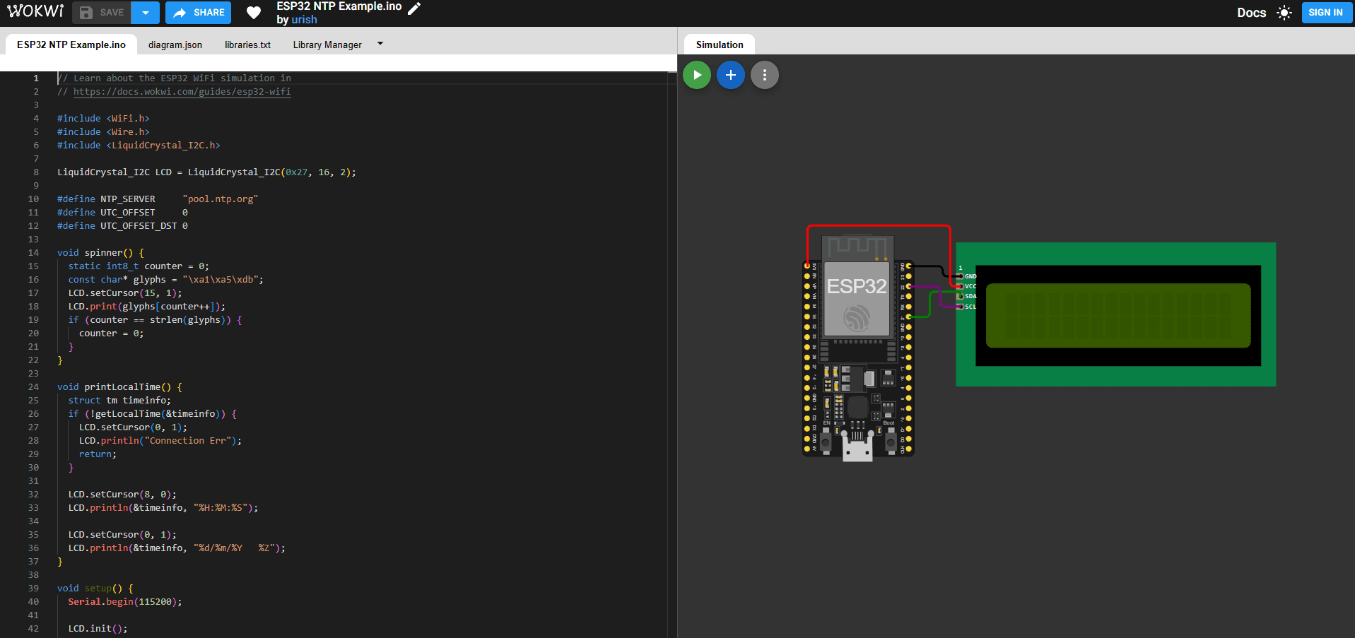 The Wokwi editor with an ESP32 NTP clock sketch on the left and the wiring diagram on the right: an ESP32 dev board connected to a 16x2 I2C LCD