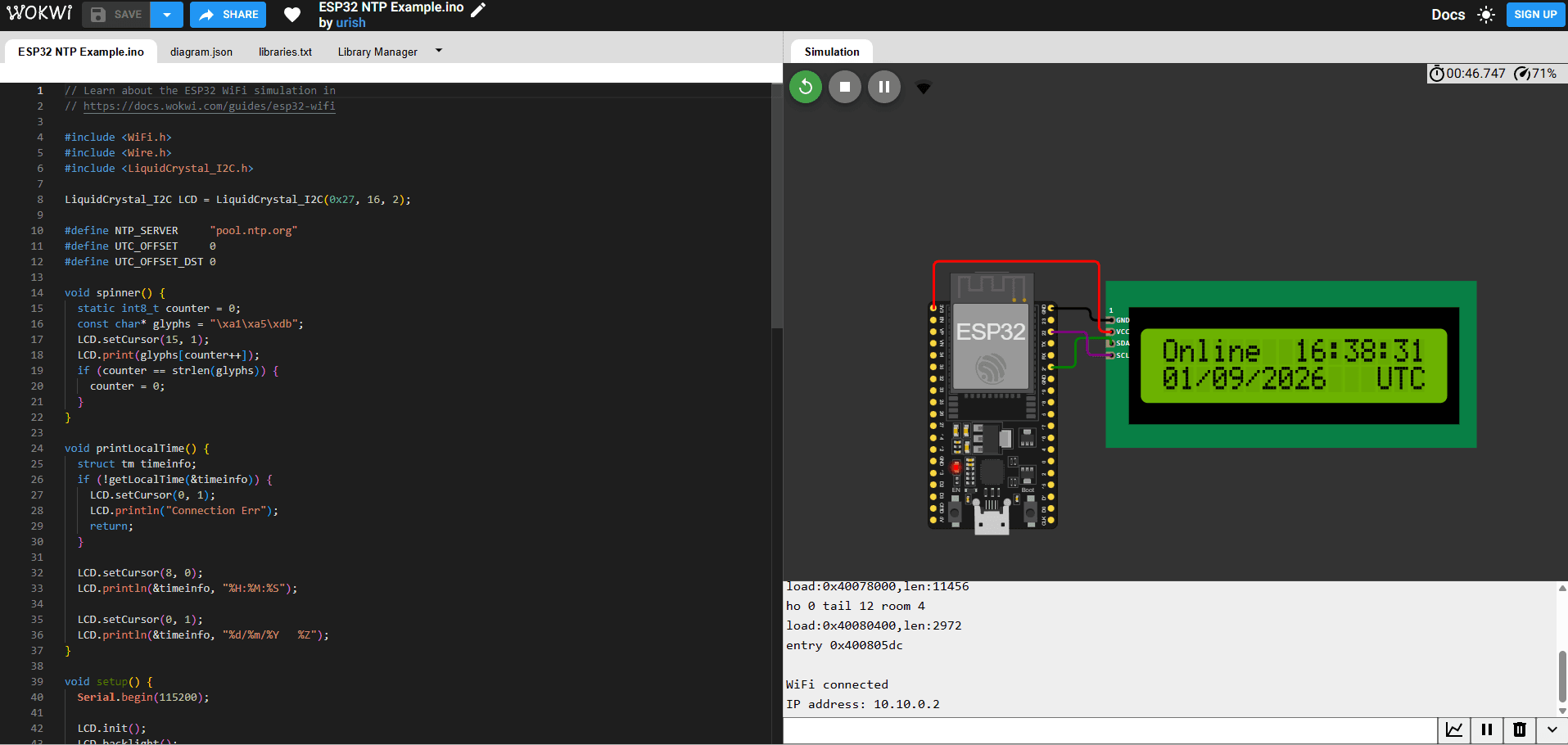 The Wokwi simulation running: the LCD reads "Online 16:38:31 01/09/2026 UTC" and the serial monitor shows WiFi connected with IP address 10.10.0.2