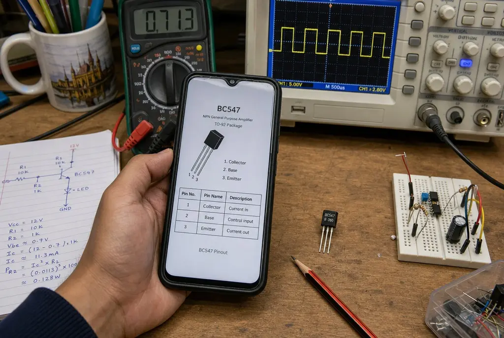 A hand holding a phone that shows a BC547 transistor datasheet with its TO-92 pinout table, in front of a multimeter, an oscilloscope showing a square wave, a handwritten calculation, a breadboard and a loose BC547.