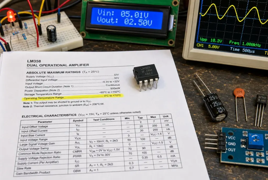 A printed LM358 dual operational amplifier datasheet with the operating temperature line highlighted in yellow, an LM358 chip on the page, a breadboard with an LED, an LCD reading Vin 05.01V and Vout 02.50V, and an oscilloscope showing a sine wave.
