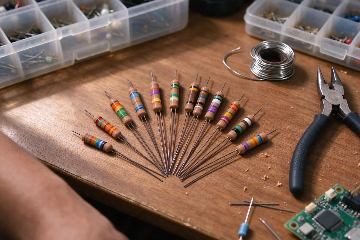 A fan of axial resistors with colour bands lying on a wooden desk, with a coil of solder, pliers and a parts box beside them.