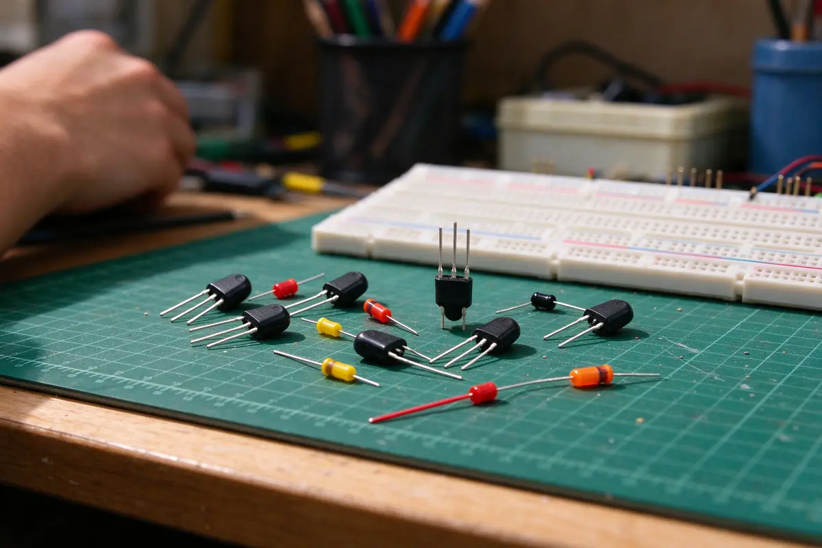 Small black transistors and a few small diodes on a green cutting mat in front of a white breadboard.