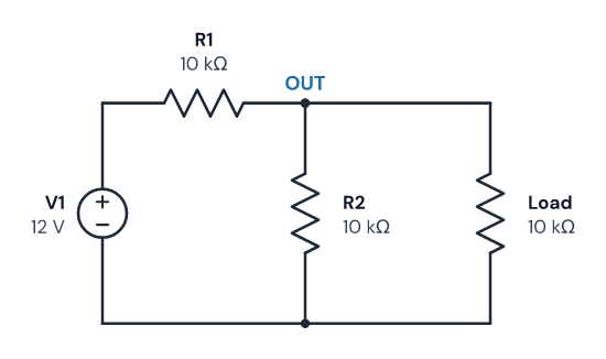 A 12 V source feeding R1 of 10 kΩ, with R2 of 10 kΩ and a 10 kΩ load in parallel from OUT to the bottom rail