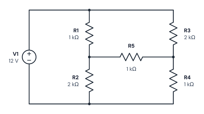 A Wheatstone bridge on 12 V: R1 1 kΩ over R2 2 kΩ on the left, R3 2 kΩ over R4 1 kΩ on the right, and R5 of 1 kΩ joining the two midpoints