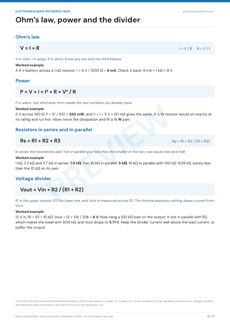 Page 10: Ohm’s law, power and voltage divider formulas, each with a worked example