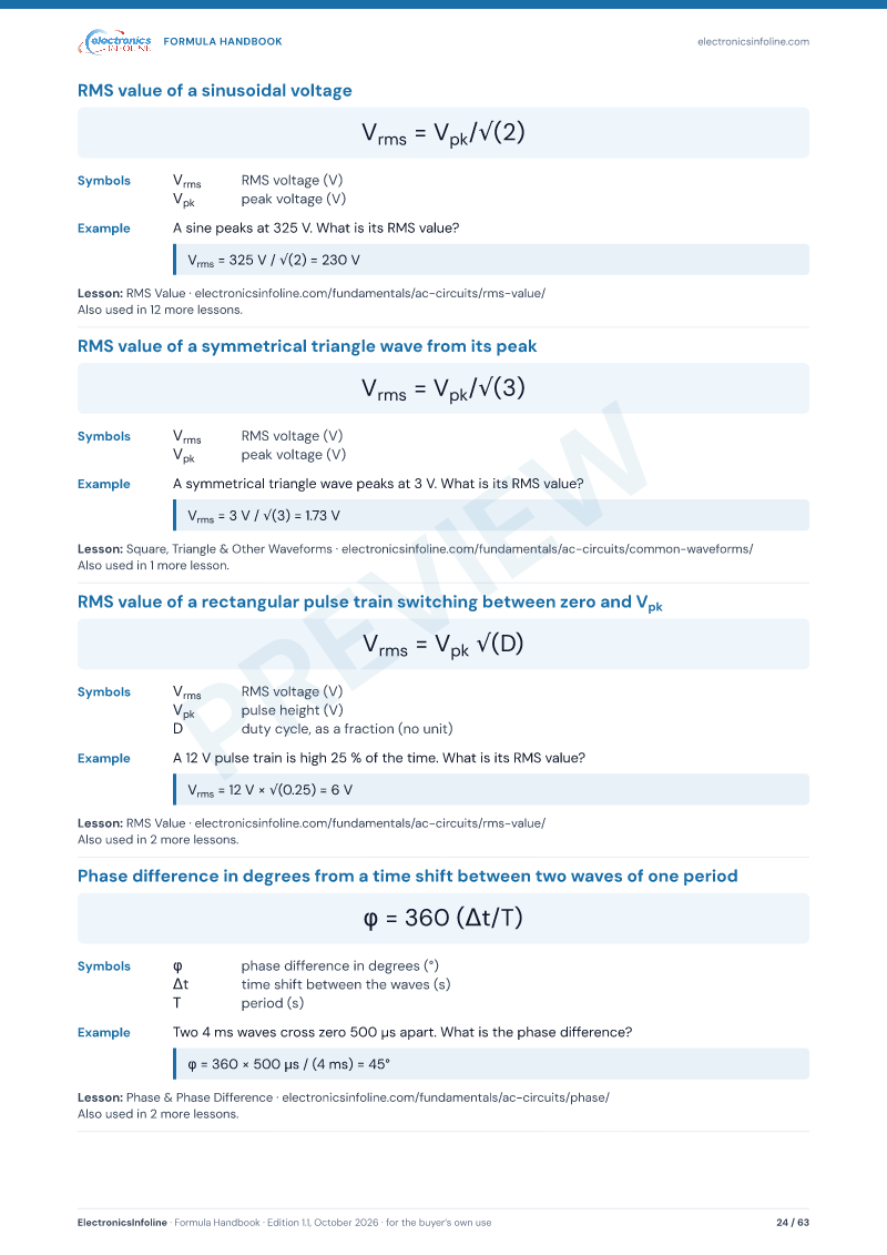 A page from the AC chapter: each formula with its symbols and units, a worked example and the lesson it comes from