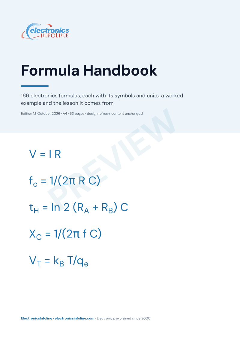 The cover: Formula Handbook, 166 electronics formulas with symbols, units, worked examples and lesson links