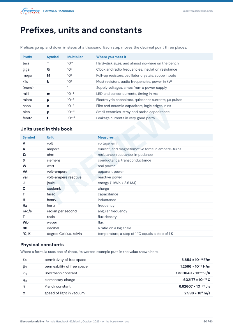 The reference page: unit prefixes from tera to femto, the units the book uses and six physical constants
