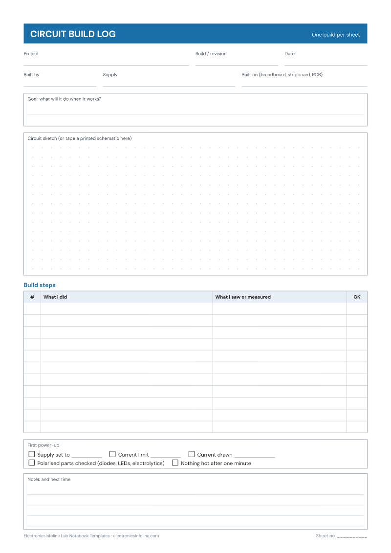The blank circuit build log sheet: project fields, a goal box, a dot-grid sketch area, a build steps table and a first power-up checklist